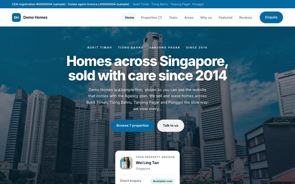 Archipelago — Ocean blue and white, centred over a wide photograph, with the areas as tiles and the agents close to the top — for markets where a buyer starts on Facebook and wants to see a face and a message button first.