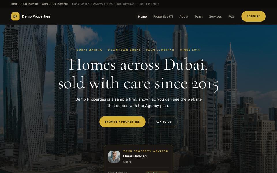 Atelier — Near-black and gold with a Cormorant headline. Properties run as full-width folio strips rather than tiles — for a book that is short and expensive.