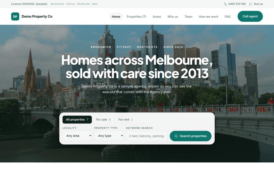 Coastal — White, eucalyptus and sand, opening on the search over a wide photograph, then suburbs as tiles and a client quote over the water. The Australian agency page, where price guides and auctions are normal.