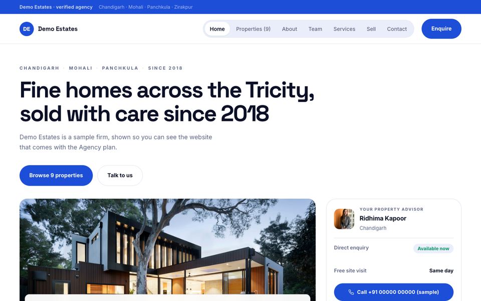 Cobalt — White with a single cobalt blue, Space Grotesk and a pill menu. The photograph sits beside the headline; what is new runs as a carousel. Clean and quick to read.