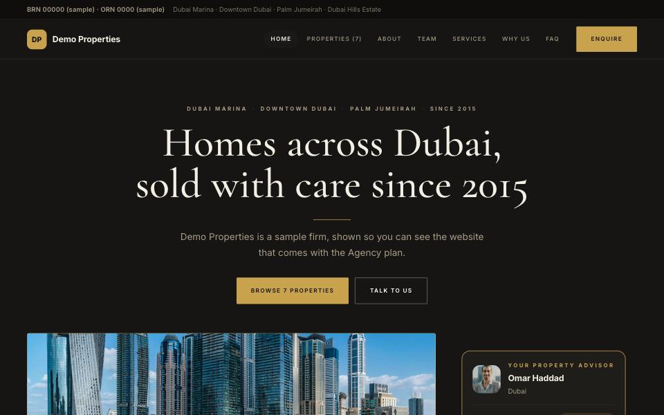 Dune — Charcoal and brushed gold, the Cormorant headline set centre on the dark ground itself with a gold rule under it. The quiet luxury of a Dubai brokerage: a spotlight property, the folio, the team up front.