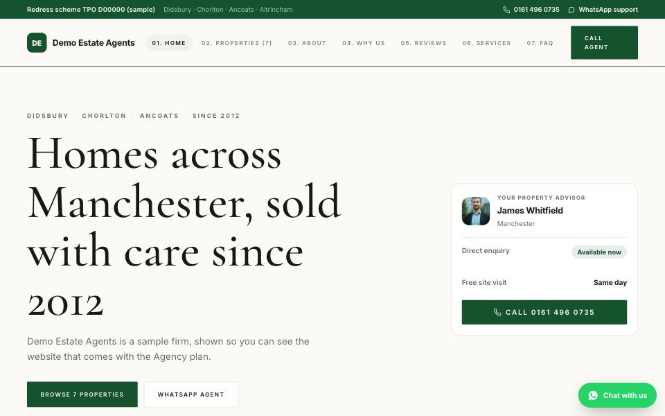 Georgian — Off-white paper, racing green and a Cormorant headline with numbered sections. The established high-street agency: guide prices, a quiet confidence, the redress scheme in the footer where it belongs.