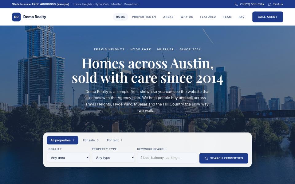 Harbor — The American brokerage site: a full-width photograph with the search right in it, neighbourhoods as tiles, featured homes, the team, a client quote. Navy, white and a touch of sky.