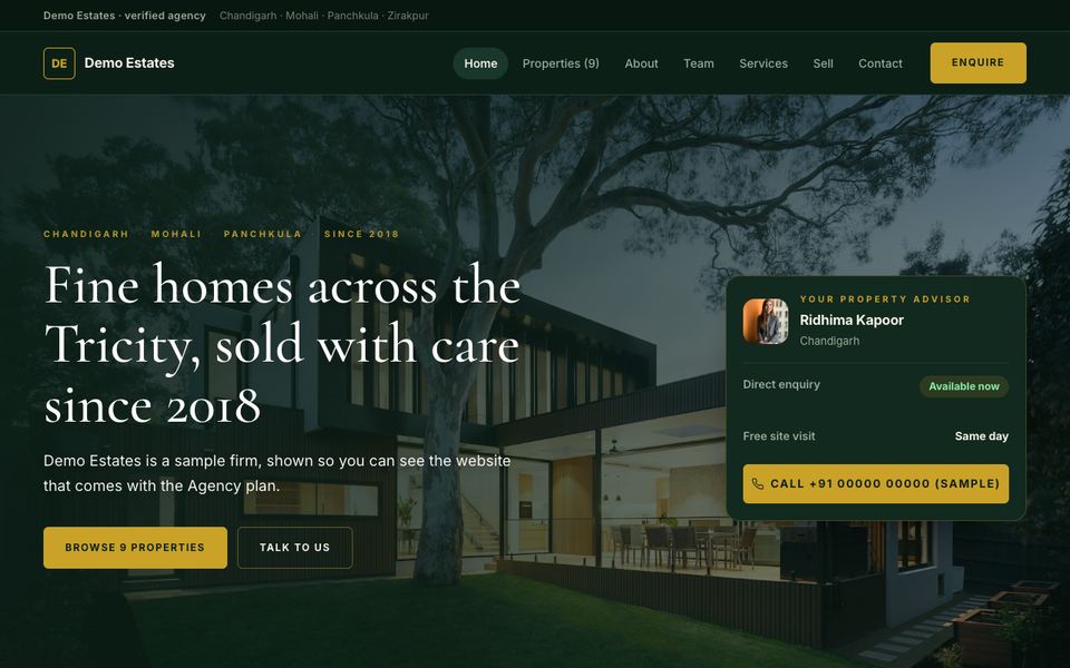 Heritage — Deep bottle green and antique gold with a Cormorant headline over the photograph. An established family firm’s page: the story, the listings, the people, and the loan figures.