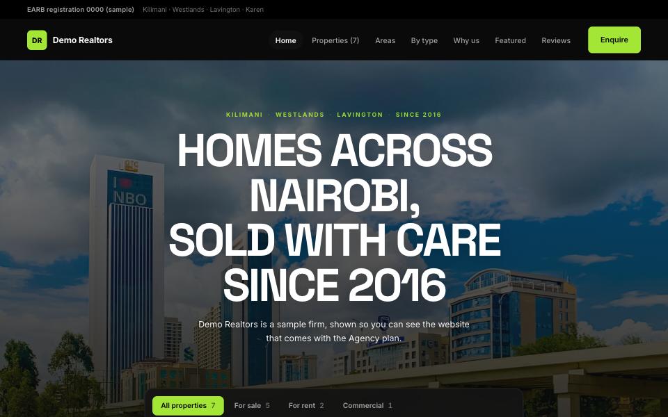 Lagos — Black and lime with a bold grotesque and the search in the hero. Energetic and mobile-first: estates as tiles, the listings, the numbers, and WhatsApp everywhere a buyer would reach for it.