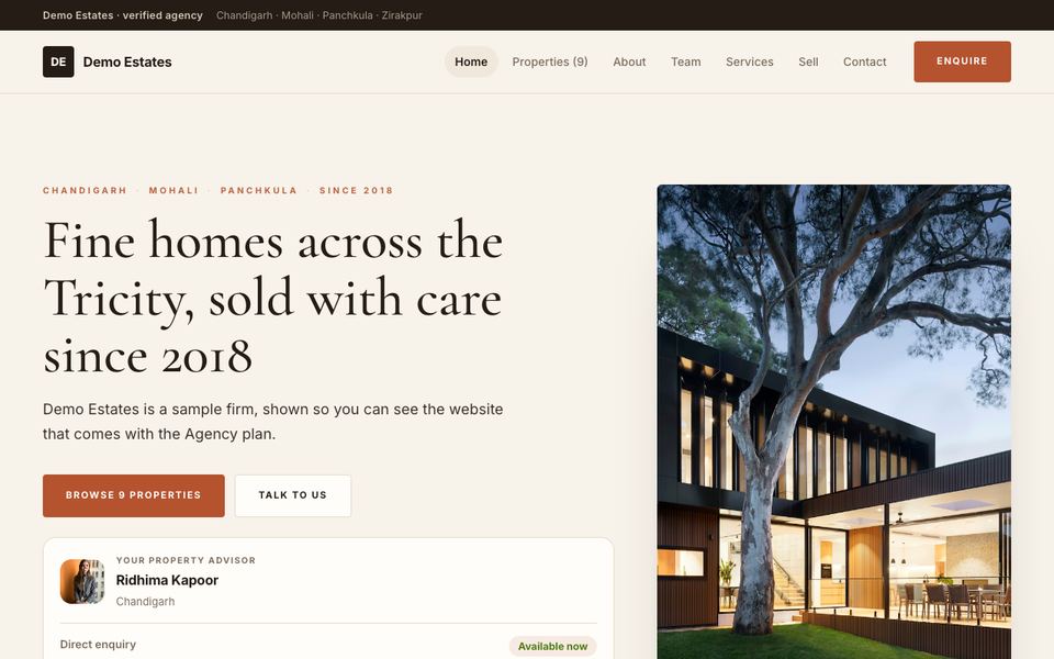 Linen — Warm linen and terracotta with a Cormorant headline and a tall photograph beside it. The firm’s story sits high on the page — for agencies that sell homes on trust.
