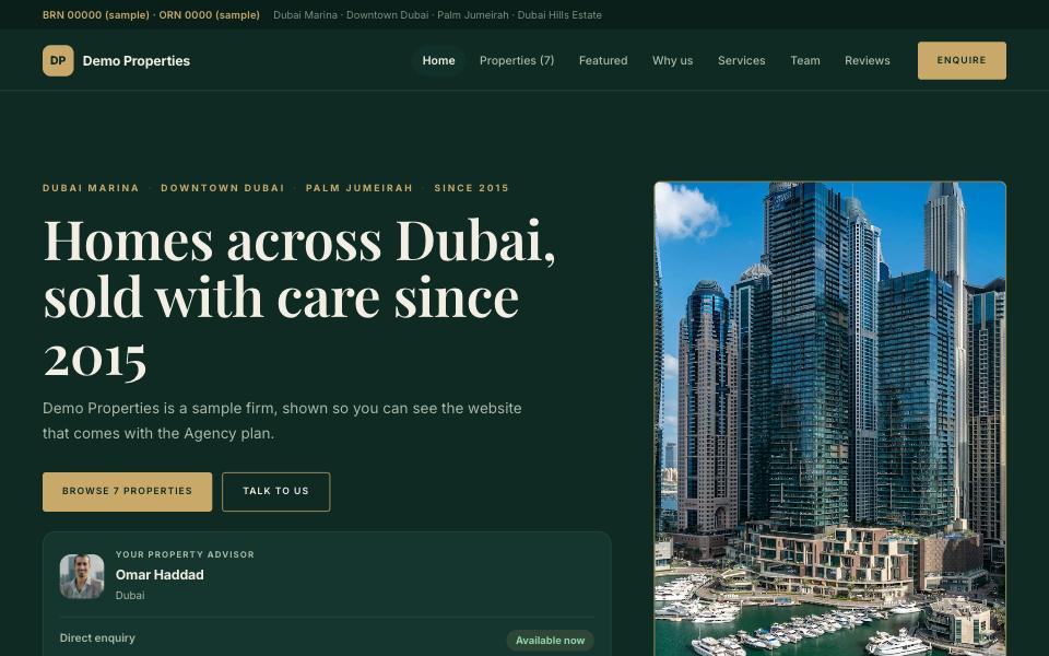 Majlis — Deep emerald with brass and a tall photograph standing beside the headline. Formal and generous, with the advisor and the Fal licence where a Saudi buyer looks for them.