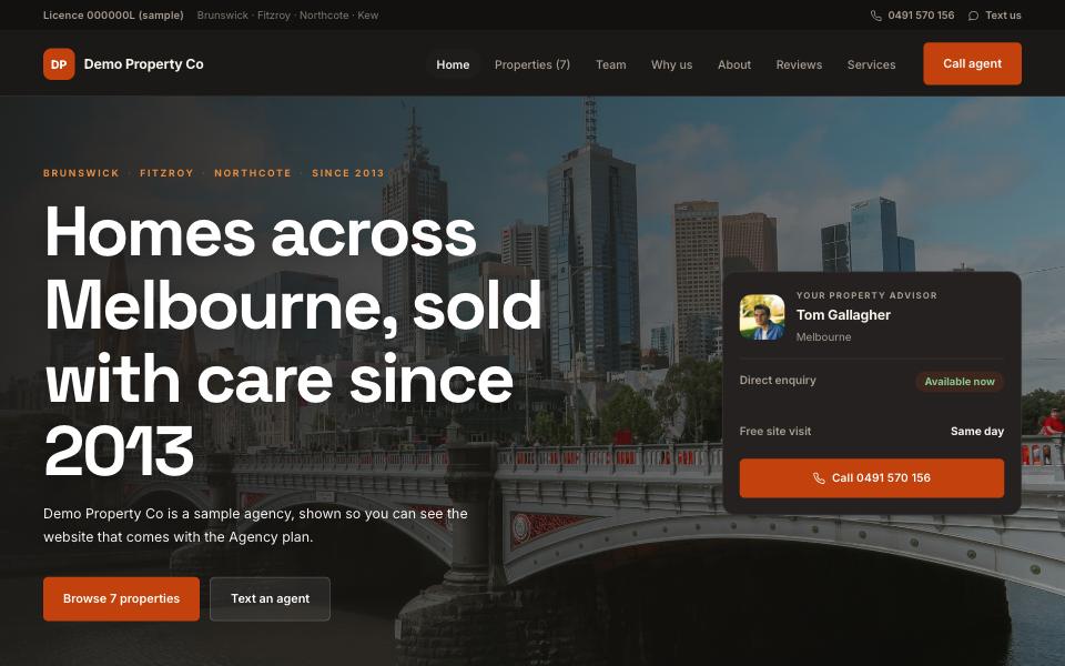 Outback — Terracotta on charcoal with a bold grotesque headline. Direct and sun-worn: the numbers first, the listings, the people, the process — for a regional agency that sells on reputation.