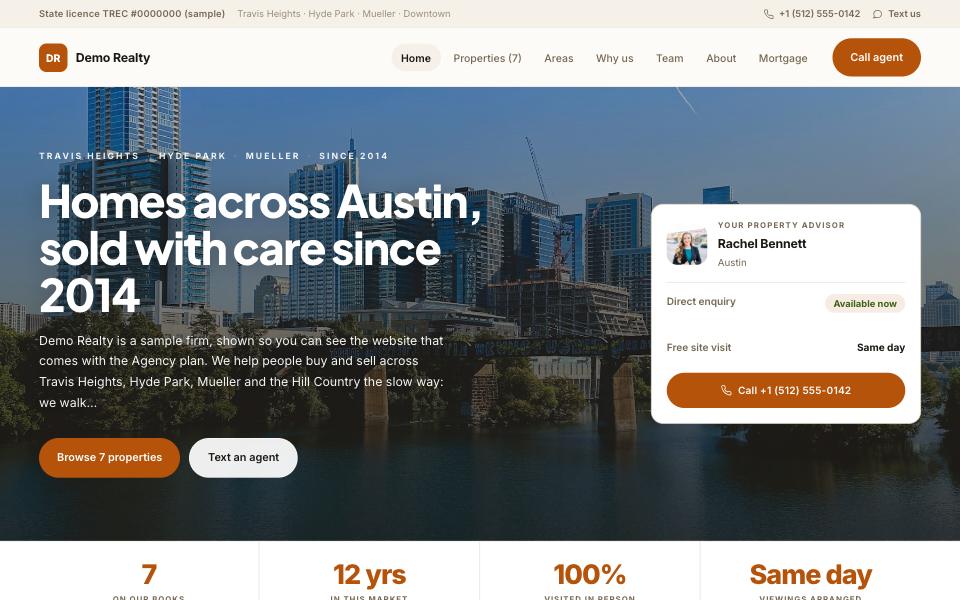 Prairie — Warm earth tones and a friendly geometric face for a suburban family team: the areas you serve, the homes, then the people behind them and what a client said.
