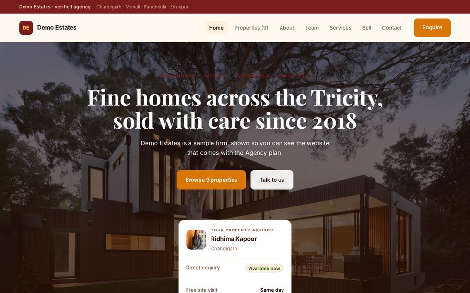 Saffron — Cream, saffron and deep maroon with a Playfair headline centred over the photograph. Localities first, then the listings and the loan calculator — the order an Indian buyer asks in.