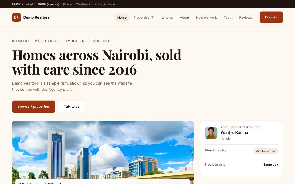 Savanna — Warm ochre and deep brown with a Playfair headline and the photograph framed beside it. Grounded and personal: the trust line, the advisor, the listings, then how it works, step by step.
