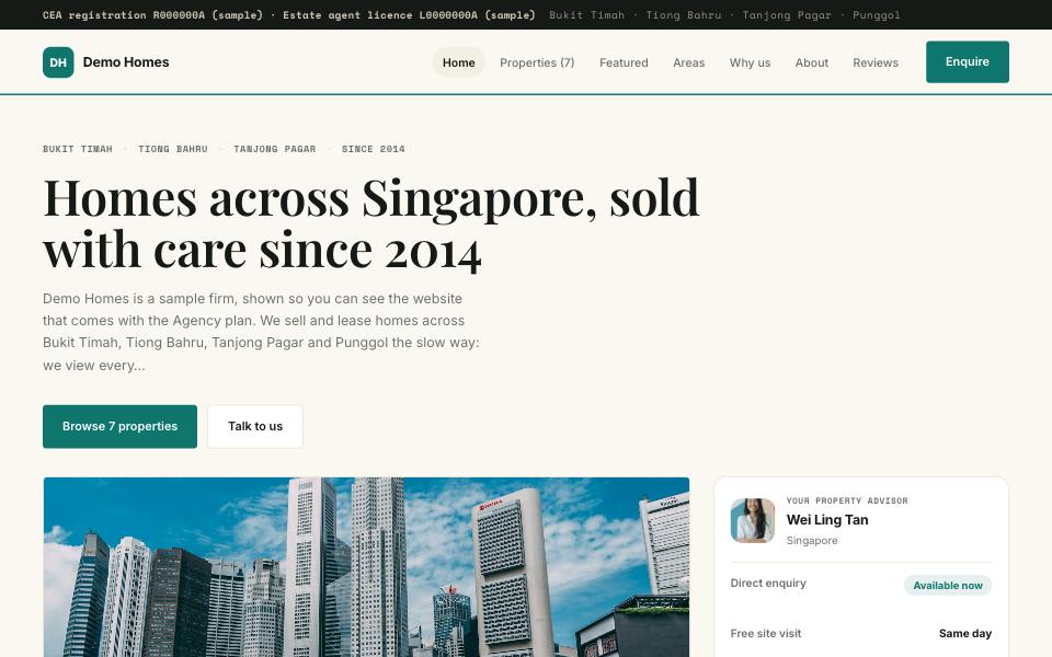 Shophouse — Cream, jade and a stroke of red with monospaced labels and the folio strip — photo left, detail right. Heritage-minded, for an agency that sells character property as much as units.