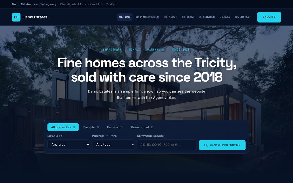 Skyline — Midnight navy and cyan with Space Grotesk and a numbered menu. Property types, a carousel of launches, the numbers and the loan calculator — for towers, projects and investors.