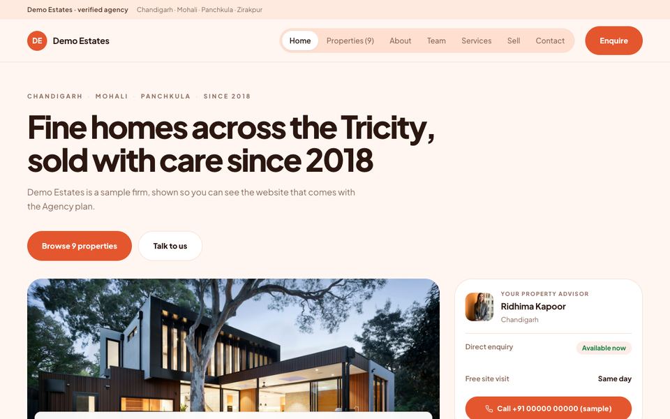 Sunset — Soft peach and coral with fully rounded corners and a pill menu. Friendly and approachable — made for first homes, rentals and agencies that want to feel easy to call.