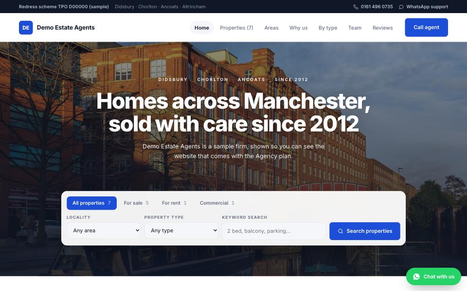 Thames — Slate blue and white in the portal register a British buyer already knows: search in the hero, the latest instructions, areas, then the team. Clean, fast, familiar.