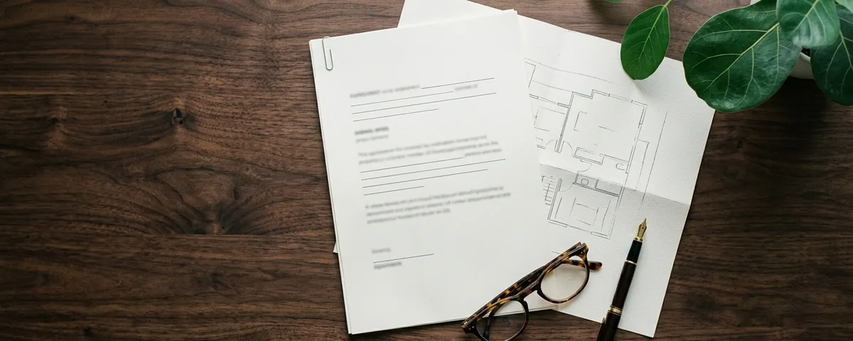 Printed property paperwork on a desk — a sale agreement, a checklist and a pen.