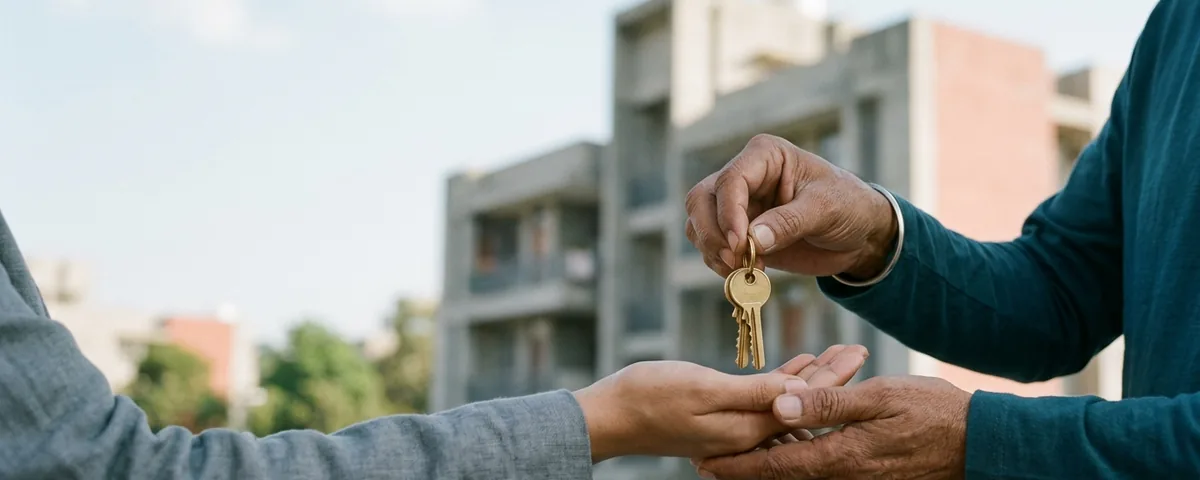 A homeowner handing over keys to an estate agent outside an Indian apartment block.