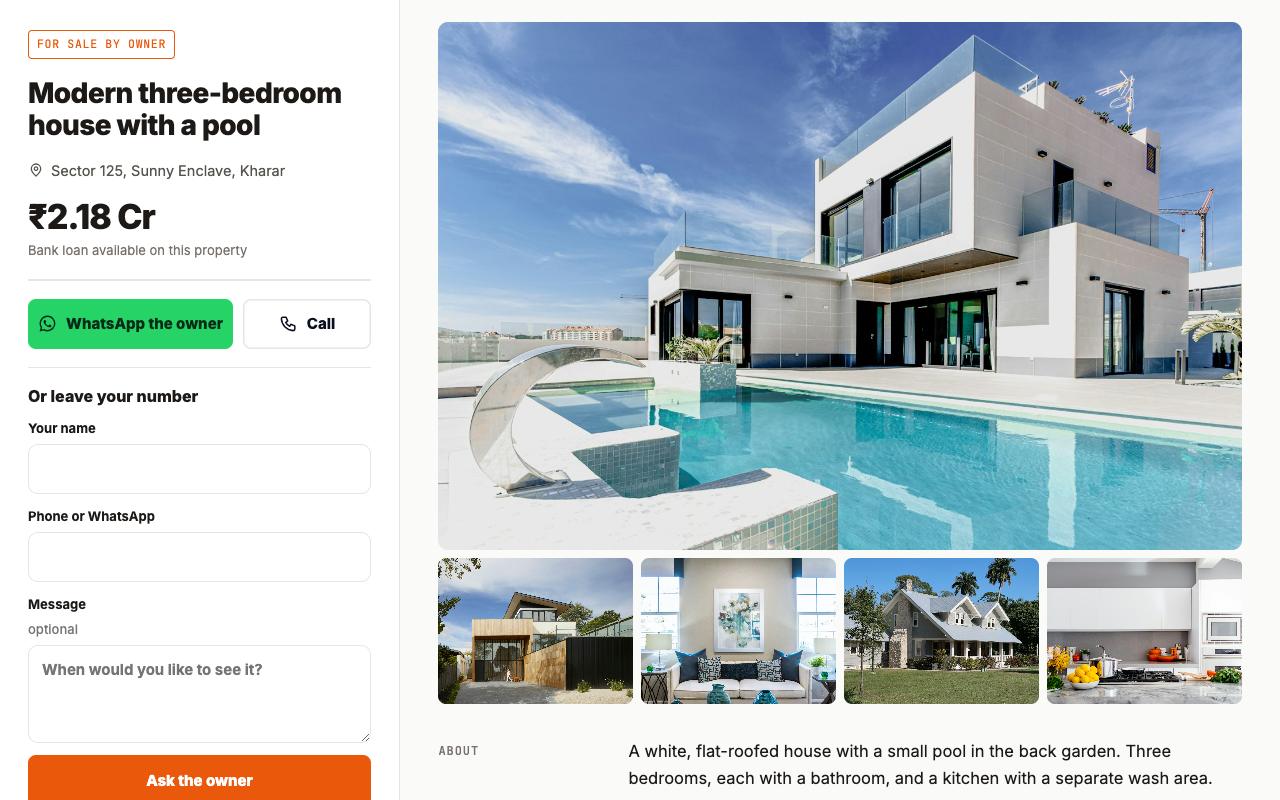 Atlas template: Price, facts and contact stay fixed in a sidebar while the photographs scroll past. For buyers who compare.