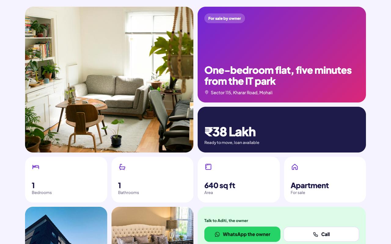 Bloom template: Everything in tiles, like a phone home screen: photo, price, rooms, contact. For flats aimed at younger buyers.