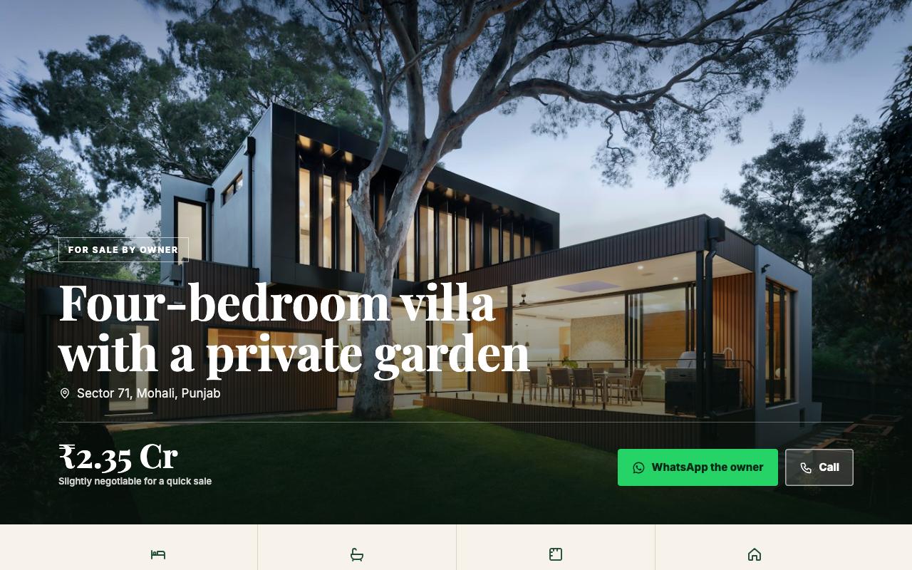 A sample owner page: a villa photographed full screen with the price and contact buttons over it