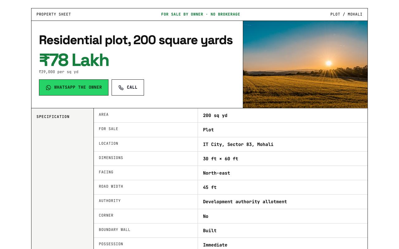 Ledger template: A specification sheet: every figure in a table, labels down the left. For plots, land and commercial units.