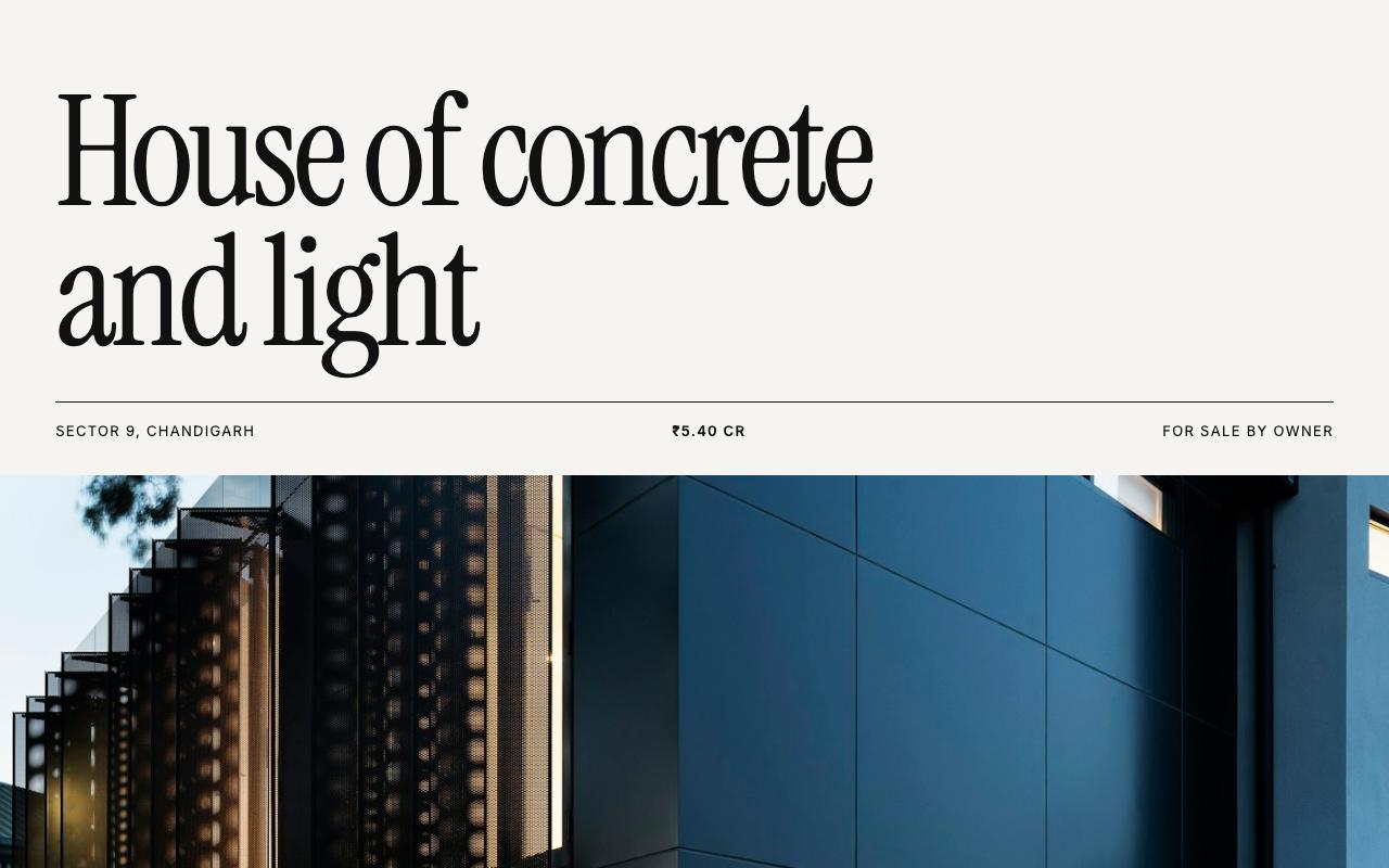 Mono template: The title set very large, then photographs edge to edge and very little else. For a confident, design-led home.