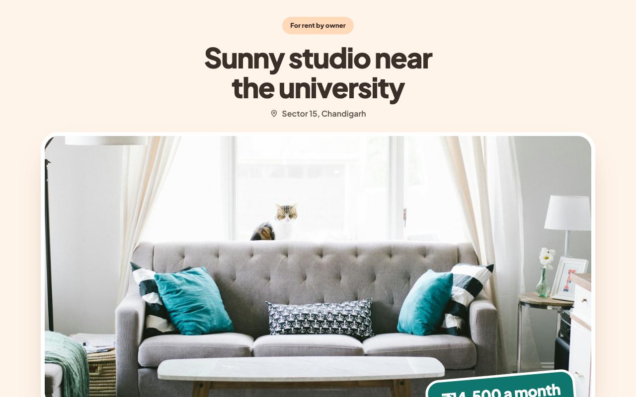 Postcard template: Soft colours, round corners and the price on a sticker. For rentals, first homes and holiday lets.