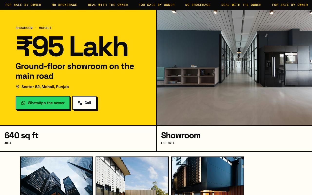 Spotlight template: The price as the headline, black and yellow, a contact bar that never leaves. For plots, shops and anything priced to move.