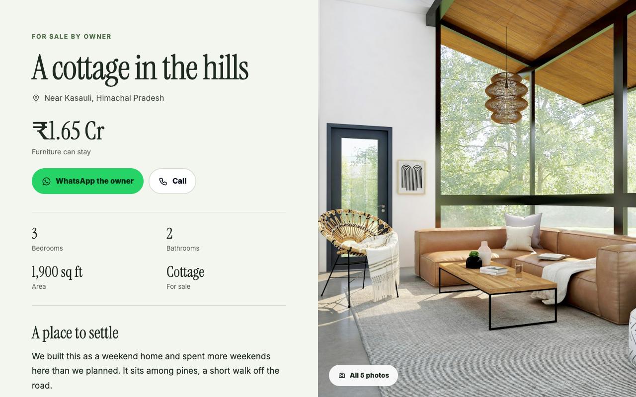 Terrace template: One tall photograph holds still on the right while the story scrolls on the left. Quiet greens and a serif.